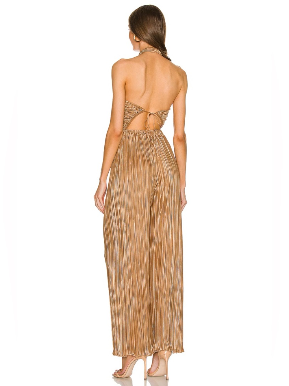 LPA Baina Pleated Halter Cutout Jumpsuit Tan Size M - Picture 3 of 8